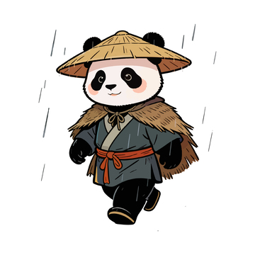 卡通熊猫农夫雨中大步前行