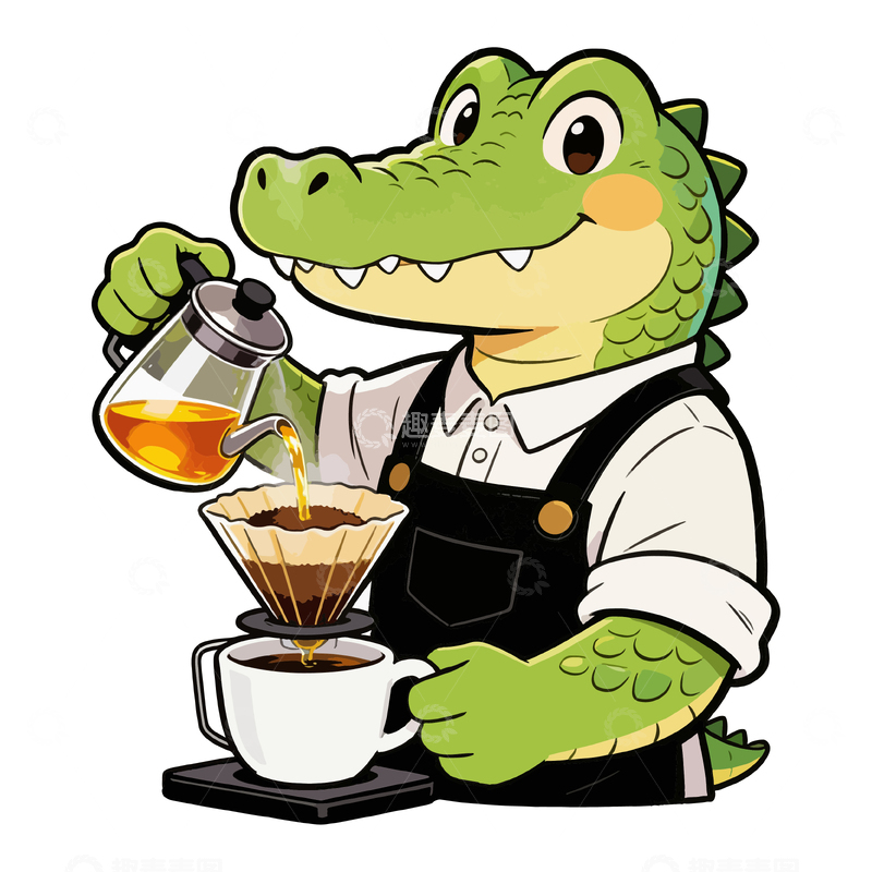 源文件下载【趣麦麦图】-卡通鳄鱼咖啡师制作插画