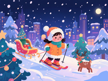 卡通雪夜滑雪童趣插画