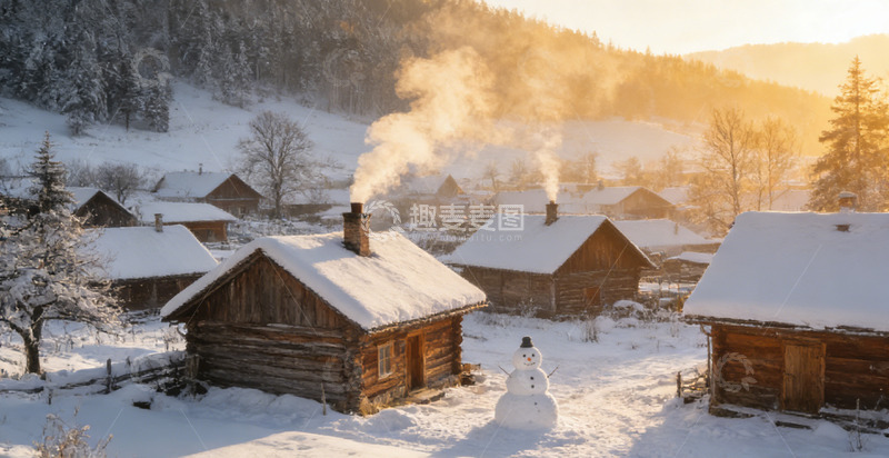 高清大图下载【趣麦麦图】雪村木屋冬日景