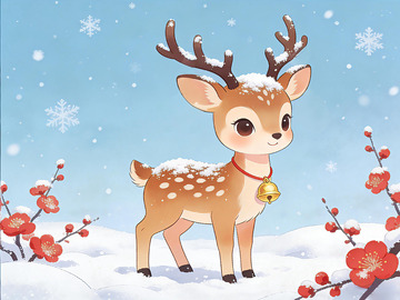 冬日小鹿雪景卡通插画