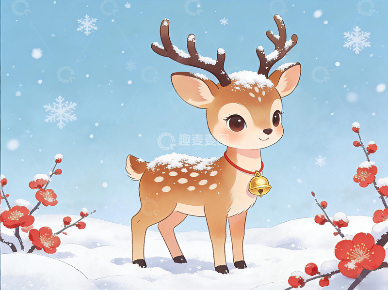 高清大图下载【趣麦麦图】-冬日小鹿雪景卡通插画