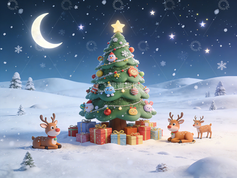 高清大图下载【趣麦麦图】雪景圣诞树节日装饰