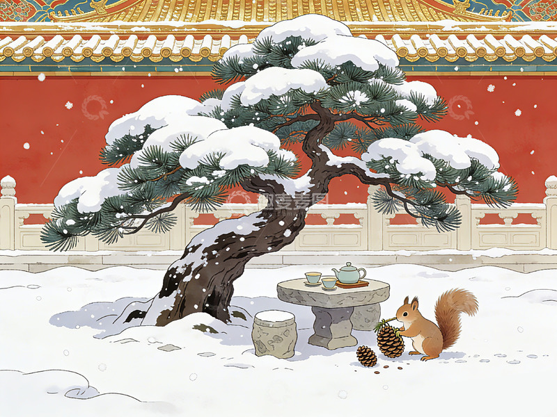 高清大图下载【趣麦麦图】冬日雪景故宫松鼠插画
