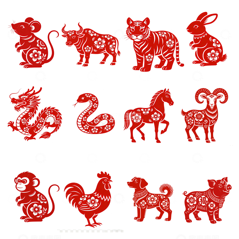 源文件下载【趣麦麦图】中国传统十二生肖剪纸艺术