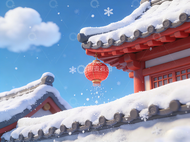 高清大图下载【趣麦麦图】冬日雪景东方建筑灯笼