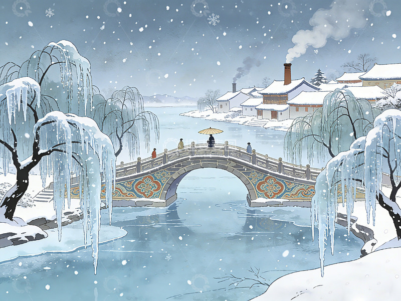 高清大图下载【趣麦麦图】-冬日雪景石桥水墨画