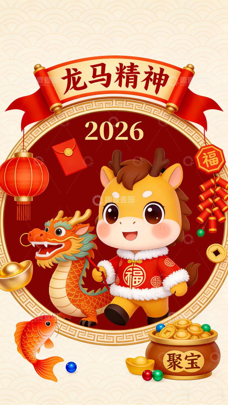 高清大图下载【趣麦麦图】龙马精神喜庆新年插画