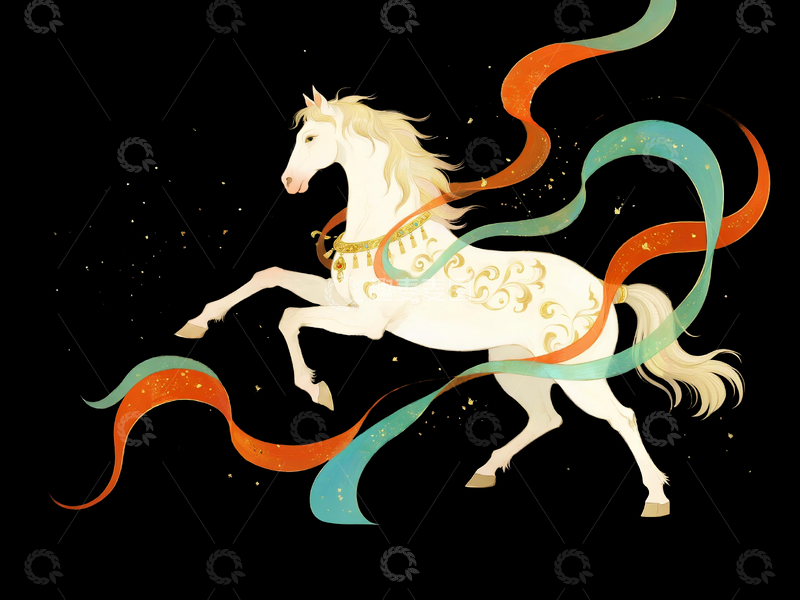 源文件下载【趣麦麦图】国风插画白色骏马1