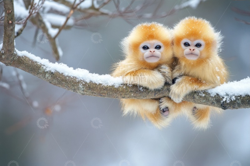 高清大图下载【趣麦麦图】冬季依偎在一起的金丝猴