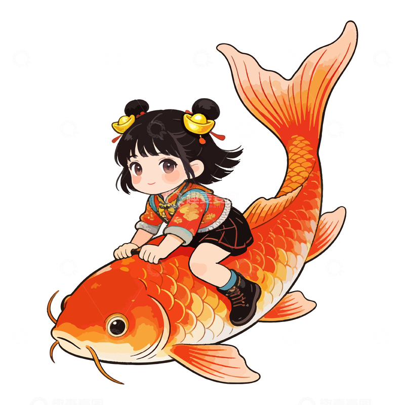 源文件下载【趣麦麦图】-卡通锦鲤女孩插画设计素材