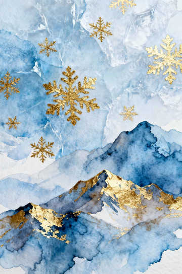 冰雪山峰金色雪花装饰画