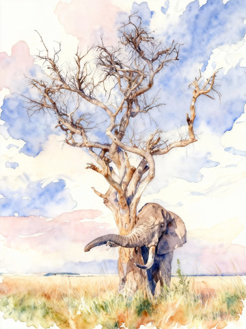 大象枯树水彩画草原风光