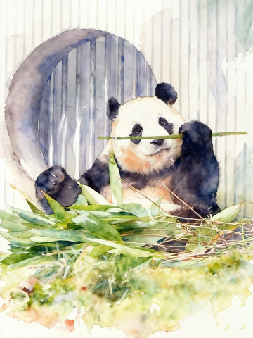 水彩熊猫吃竹子插画