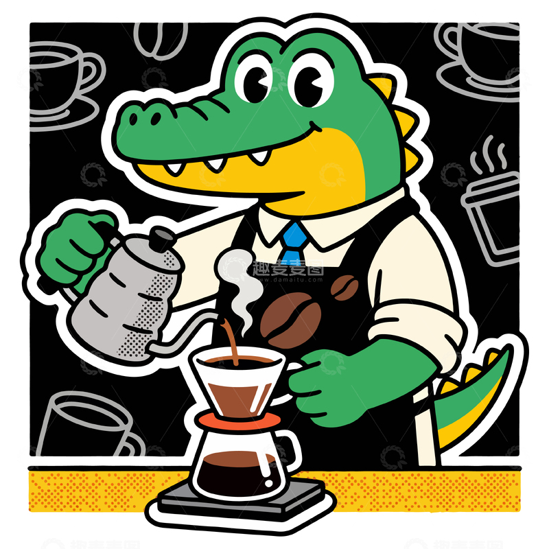 源文件下载【趣麦麦图】卡通鳄鱼咖啡师插画素材