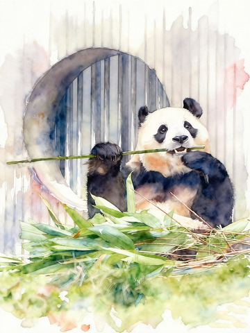 水彩熊猫插画熊猫进食竹子