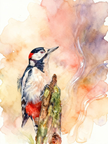 水彩啄木鸟绘画作品
