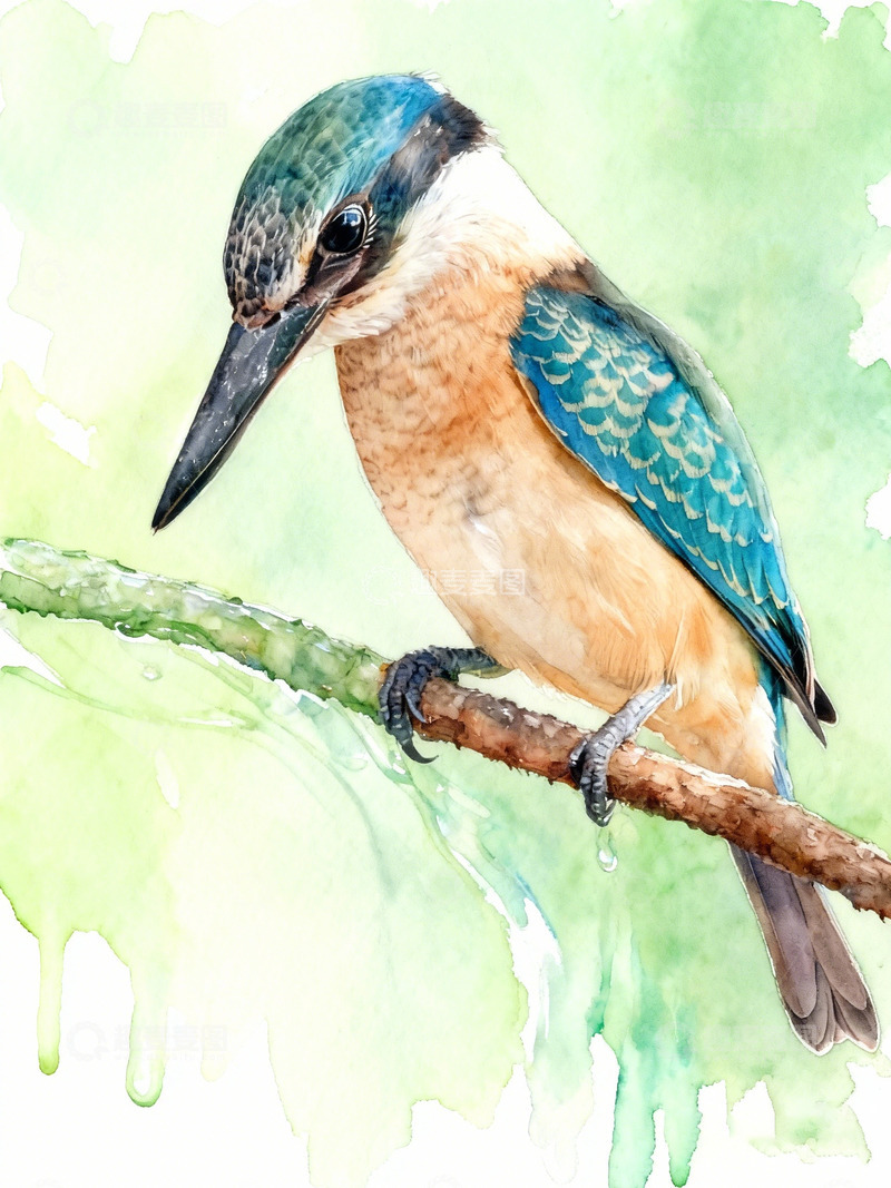 高清大图下载【趣麦麦图】水彩翠鸟树枝栖息图
