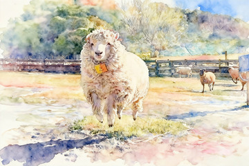 田园水彩画绵羊
