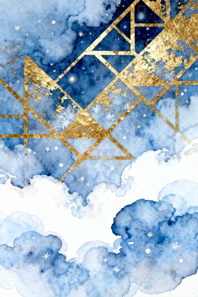 高清大图下载【趣麦麦图】金蓝云纹雪花装饰画