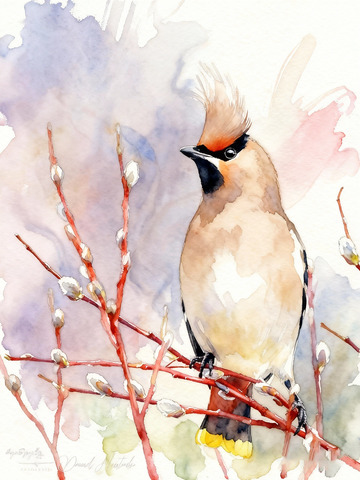 水彩花鸟图柳枝鸟儿绘画素材