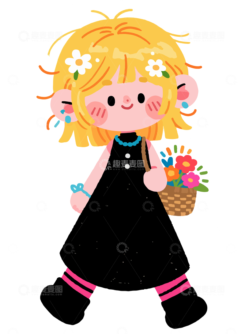 源文件下载【趣麦麦图】卡通女孩花束插画
