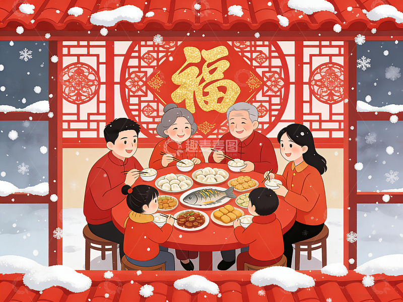 高清大图下载【趣麦麦图】春节团圆饭插画