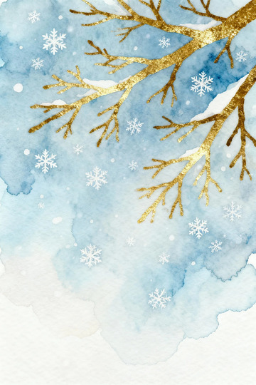 冬日金枝雪花水彩画