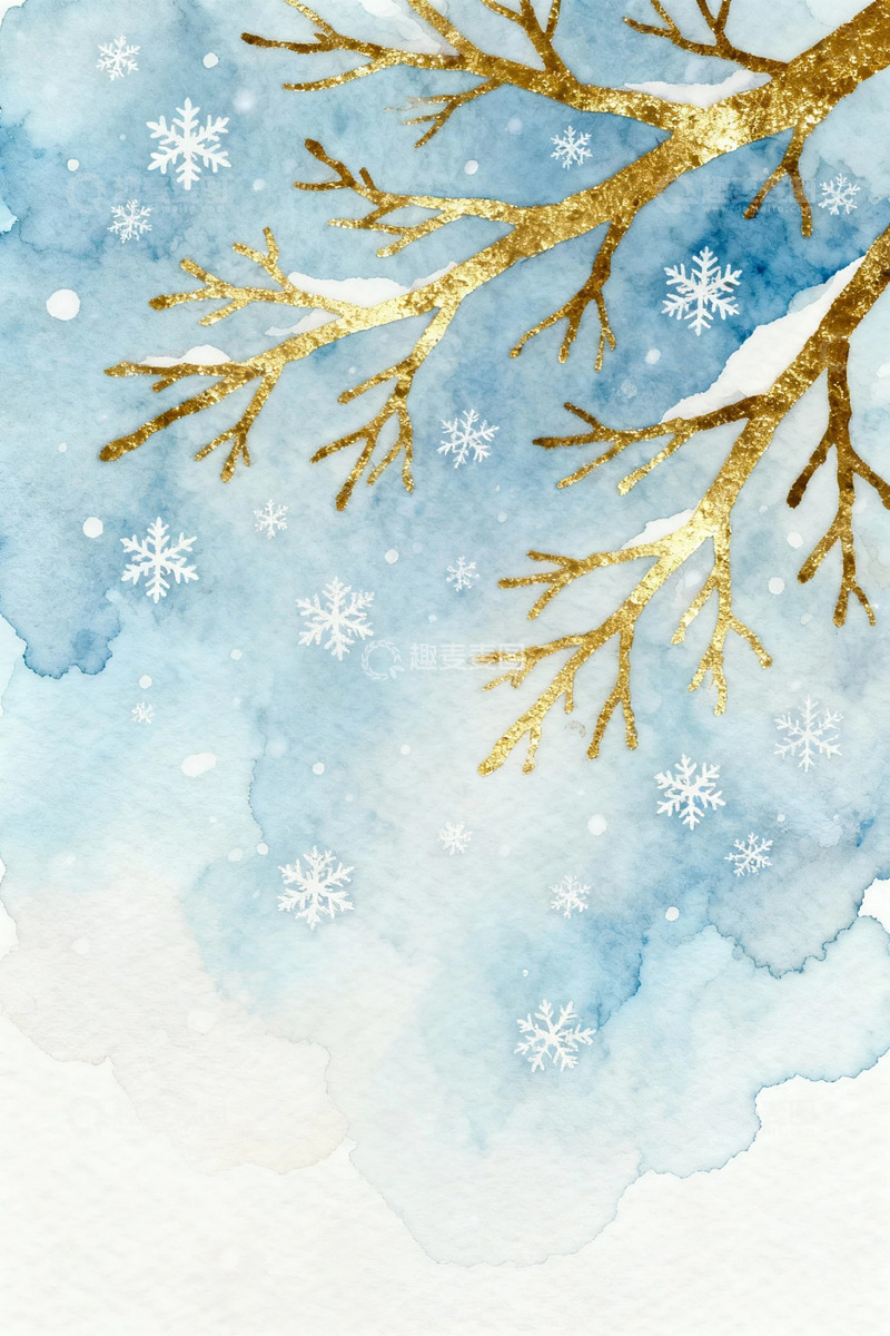 高清大图下载【趣麦麦图】冬日金枝雪花水彩画