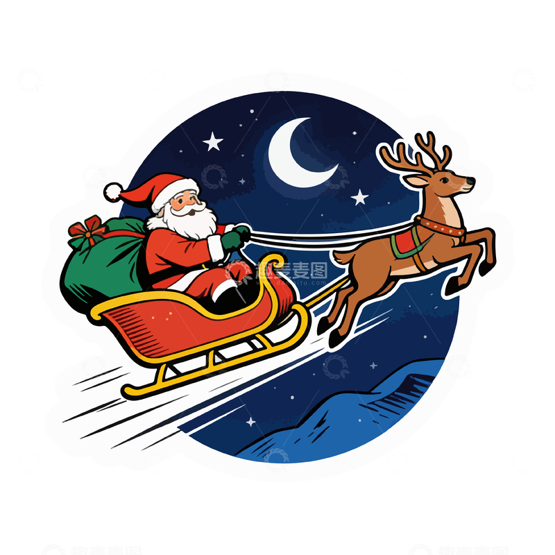 源文件下载【趣麦麦图】卡通风圣诞老人驯鹿雪橇插图