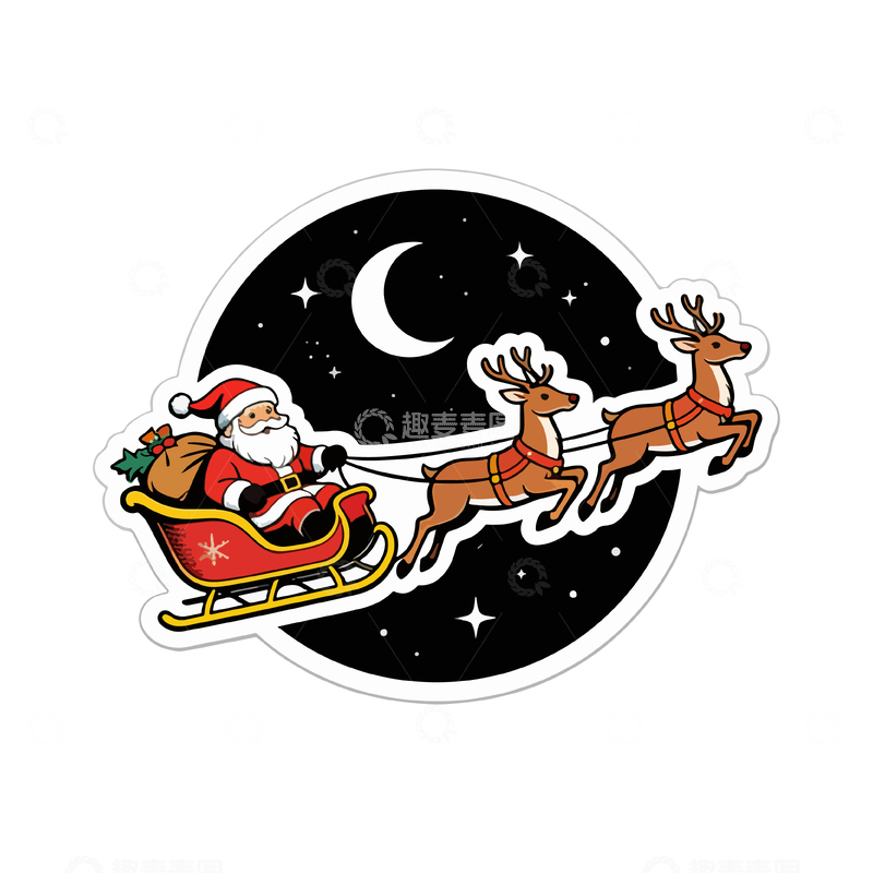 源文件下载【趣麦麦图】卡通圣诞夜雪橇贴纸