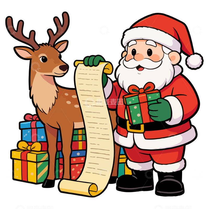 源文件下载【趣麦麦图】-圣诞老人驯鹿礼物清单卡通矢量图