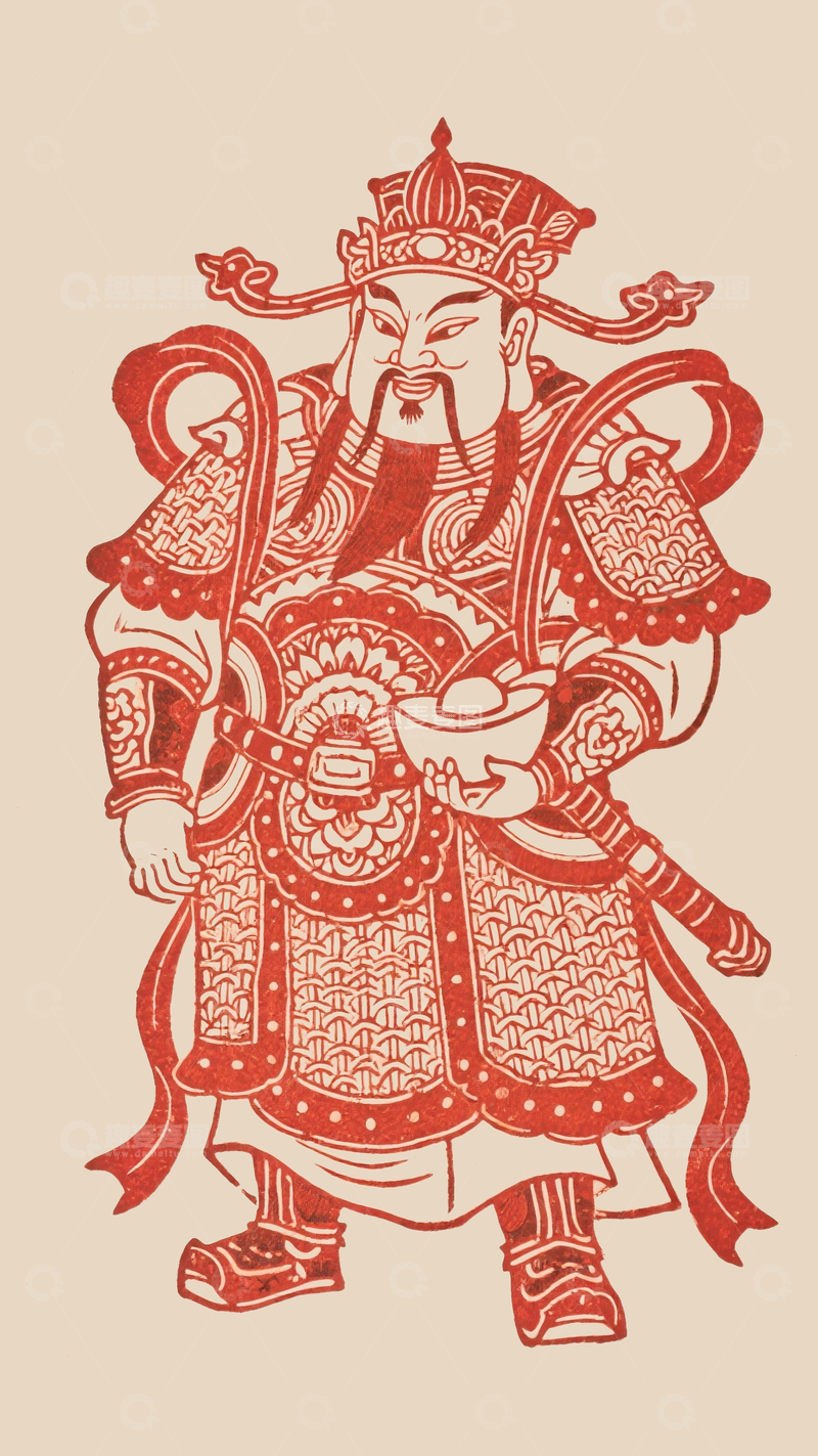 源文件下载【趣麦麦图】红色木刻版画财神爷形象3