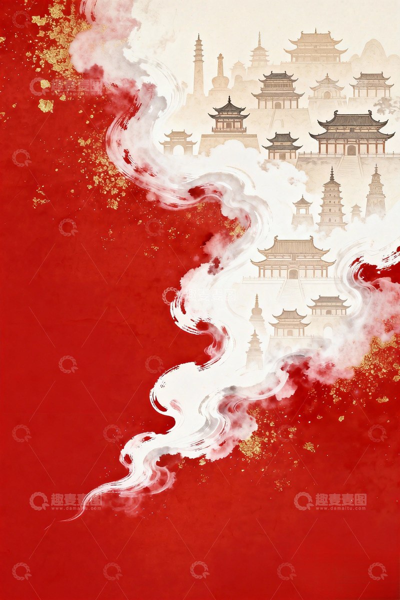 高清大图下载【趣麦麦图】中国风古建筑云雾插画