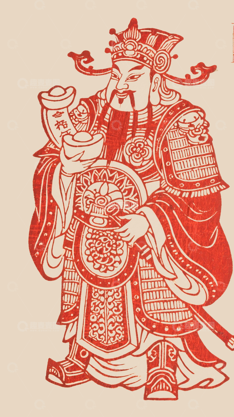 源文件下载【趣麦麦图】红色木刻版画财神爷形象1