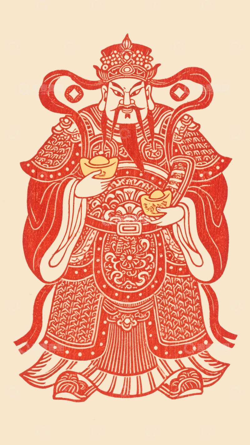 源文件下载【趣麦麦图】红色木刻版画财神爷形象4