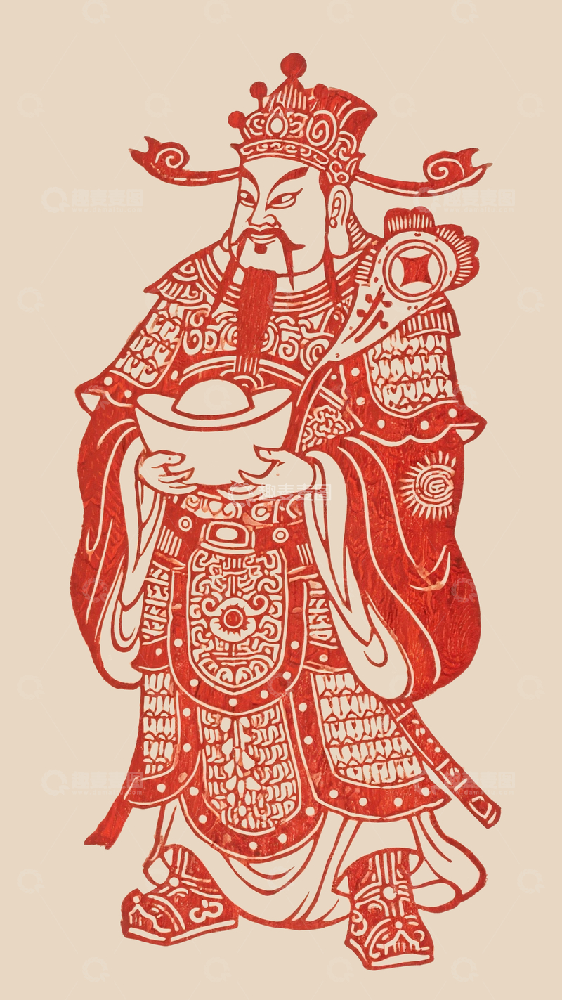源文件下载【趣麦麦图】红色木刻版画财神爷形象2