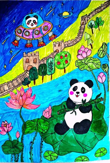 卡通熊猫长城荷花创意绘画