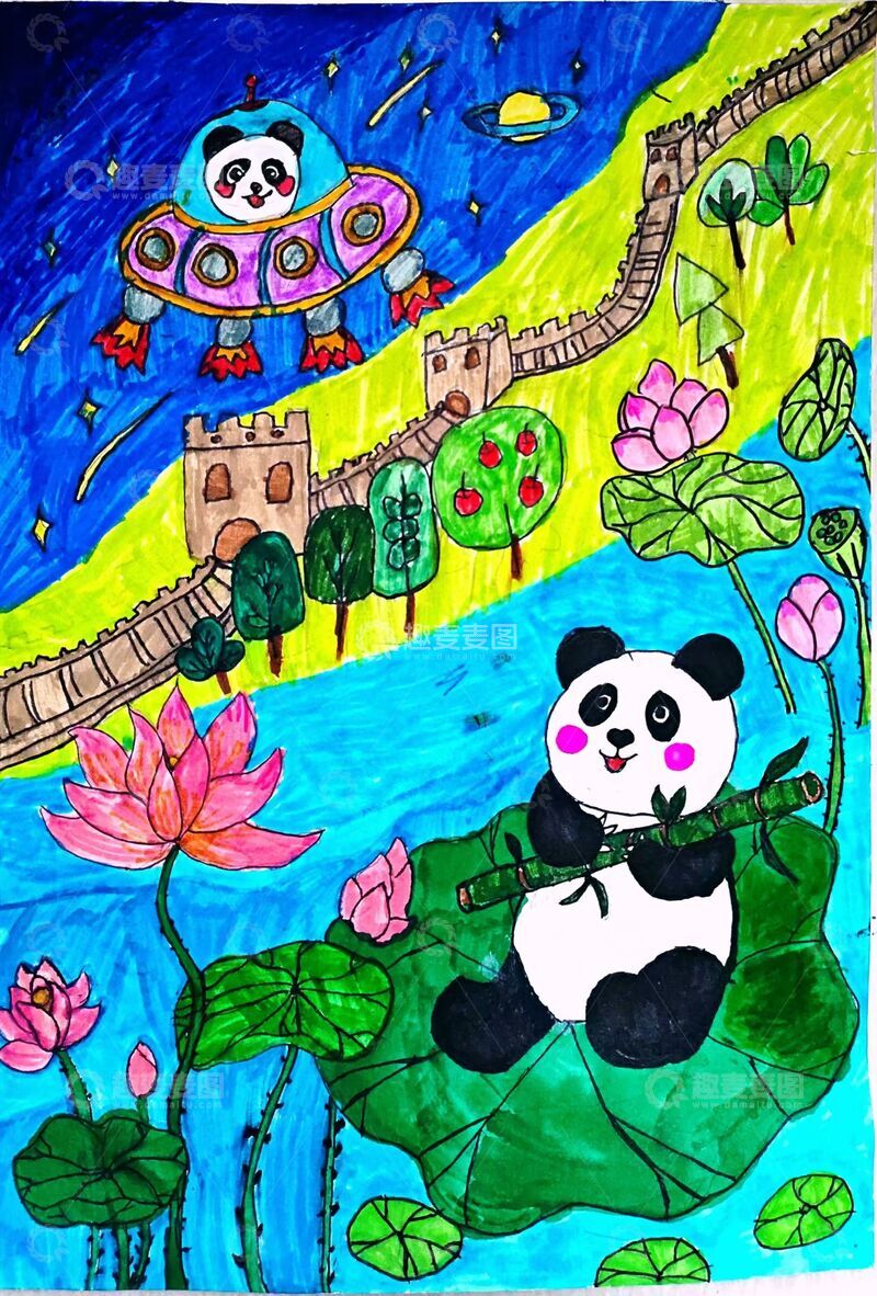 高清大图下载【趣麦麦图】卡通熊猫长城荷花创意绘画