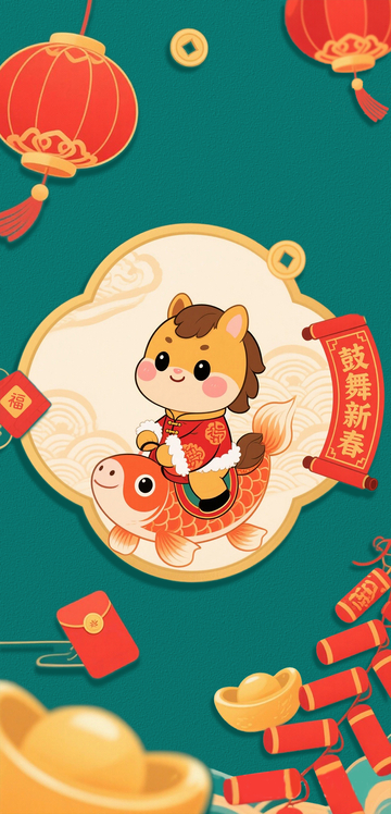 卡通牛骑鱼新春贺图