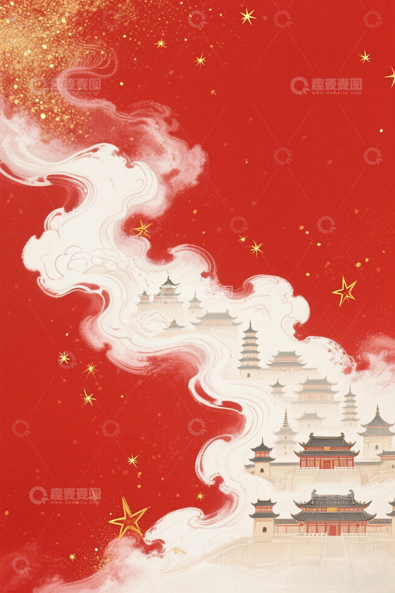 高清大图下载【趣麦麦图】中国风古建筑祥云星光插画