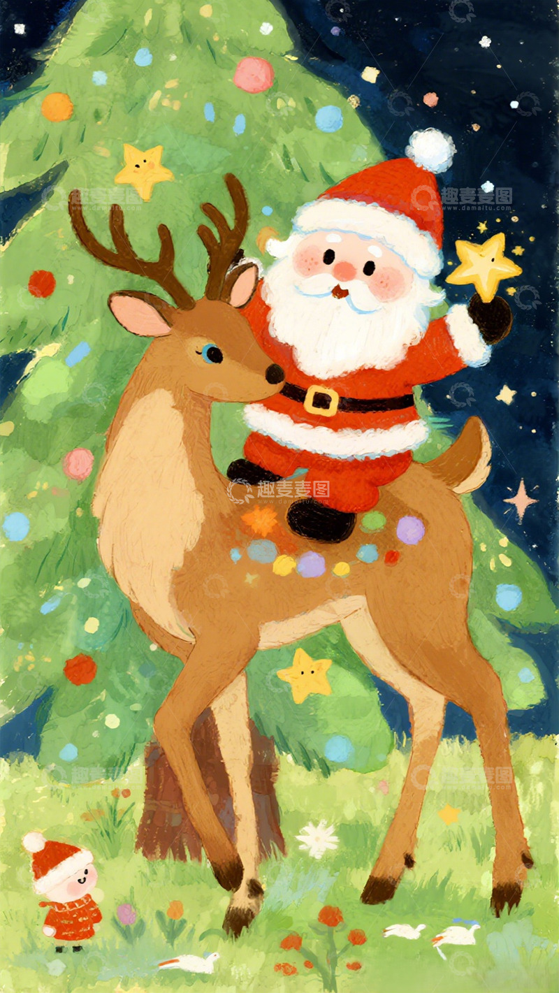 高清大图下载【趣麦麦图】圣诞老人与鹿卡通插画