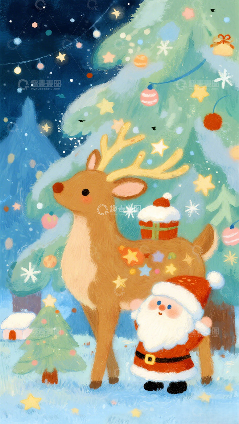 高清大图下载【趣麦麦图】圣诞夜驯鹿与圣诞老人插画