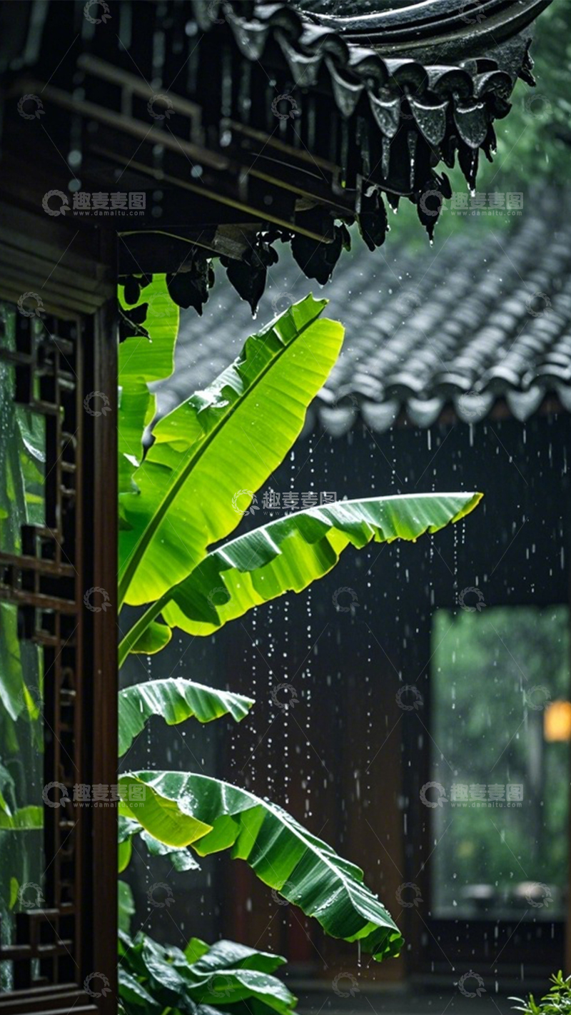 高清大图下载【趣麦麦图】雨落芭蕉国风庭院