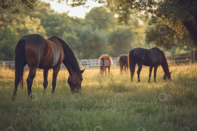 高清大图下载【趣麦麦图】草地森林上吃草的马匹