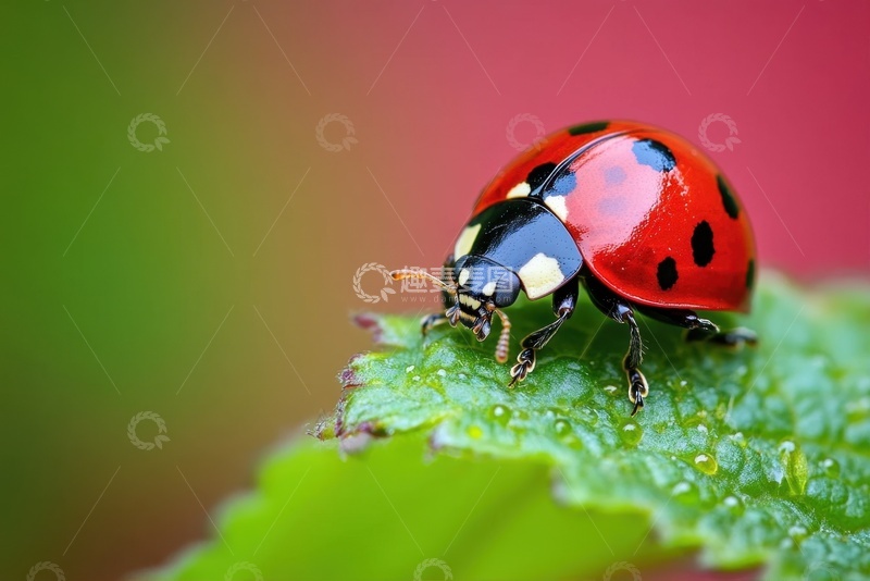 高清大图下载【趣麦麦图】树叶上爬行的一只七星瓢虫