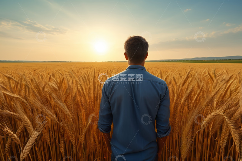 高清大图下载【趣麦麦图】男子于麦田中背对镜头望夕阳