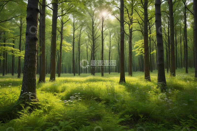 高清大图下载【趣麦麦图】阳光照耀下的茂密森林景象