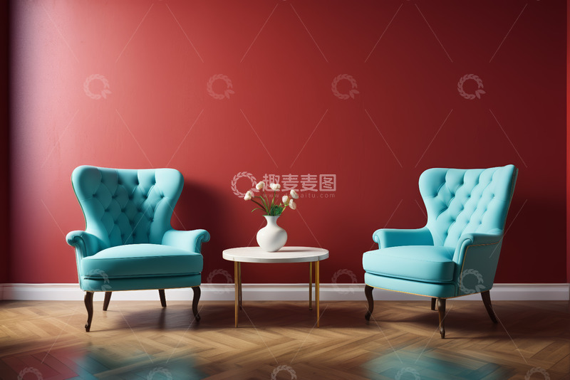 高清大图下载【趣麦麦图】红色墙边的蓝色沙发与茶几