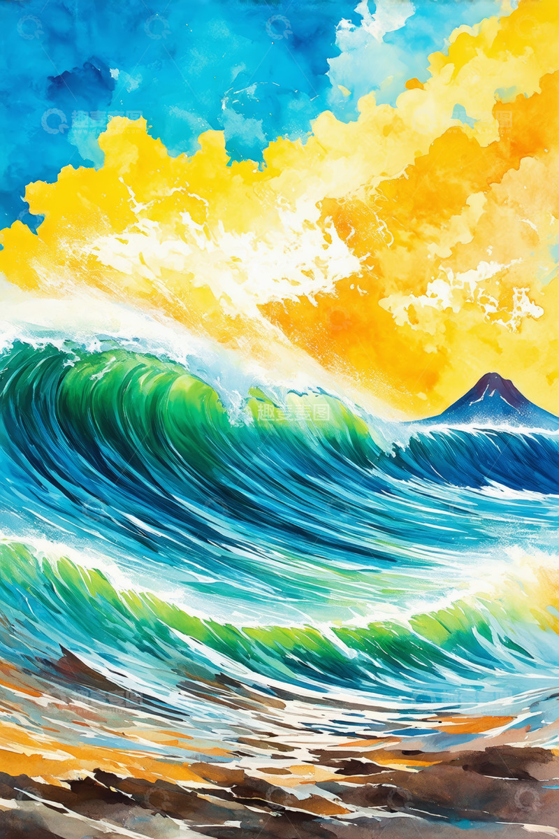 高清大图下载【趣麦麦图】海浪与天空水彩画